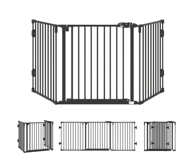 Pawhut barrera de seguridad para perros 202,5 cm valla para perros plegable rejilla de protección de chimenea con puerta auto cierre para escalera pasillo negro