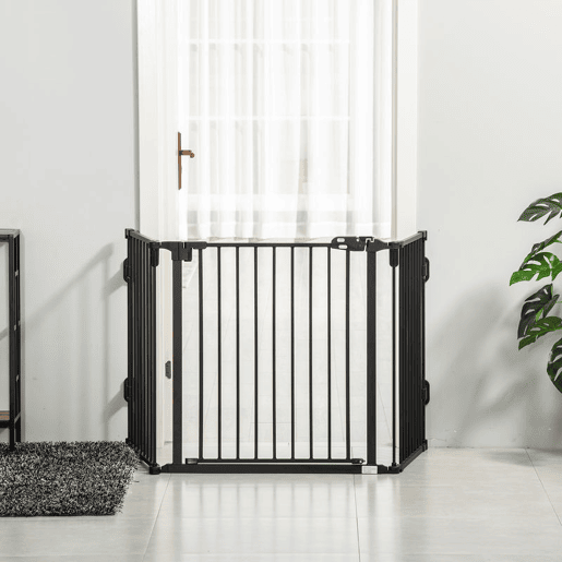 PawHut Barreira de Segurança para Cães Barreira para Cães Dobrável Barreira de Proteção para Lareira 202,5 cm com Porta para Escada Corredor Preto