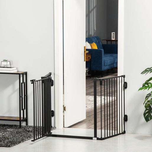 PawHut Barreira de Segurança para Cães Barreira para Cães Dobrável Barreira de Proteção para Lareira 202,5 cm com Porta para Escada Corredor Preto