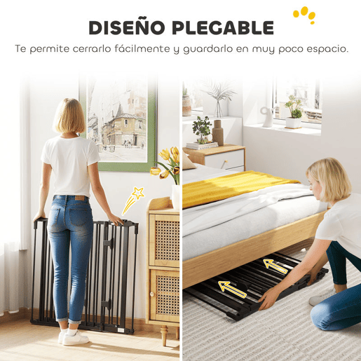 PawHut Barreira de Segurança para Cães Barreira para Cães Dobrável Barreira de Proteção para Lareira 202,5 cm com Porta para Escada Corredor Preto