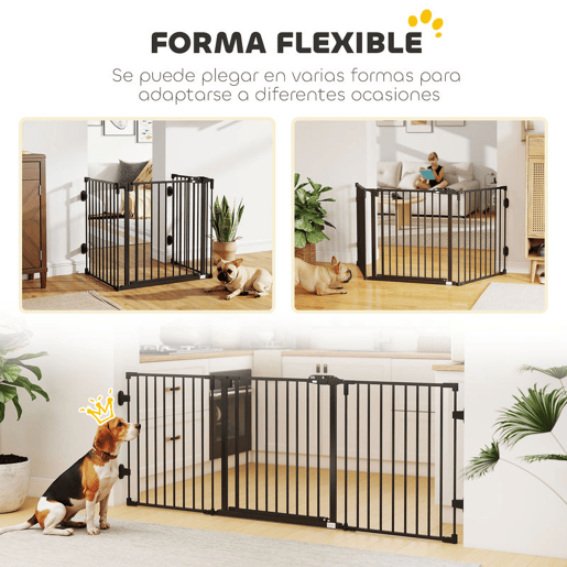 PawHut Barreira de Segurança para Cães Barreira para Cães Dobrável Barreira de Proteção para Lareira 202,5 cm com Porta para Escada Corredor Preto