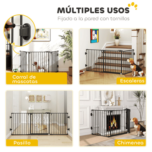 PawHut Barreira de Segurança para Cães Barreira para Cães Dobrável Barreira de Proteção para Lareira 202,5 cm com Porta para Escada Corredor Preto