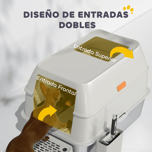 PawHut Caixa de Areia para Gatos Fechada de Aço Inoxidável Caixa de Areia para Gatos com Abertura de Saída e Pá de Aço Inoxidável 60,2x40,5x40,5 cm Cinza Claro