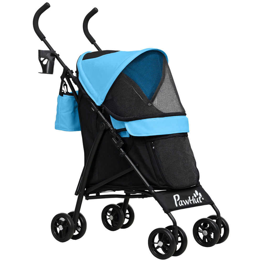 Pawhut cochecito para perros pequeños con estructura de paraguas carrito para perros plegable con cojín lavable portavaso ventanas de malla y bolsa de almacenamiento 76x44x103 cm azul