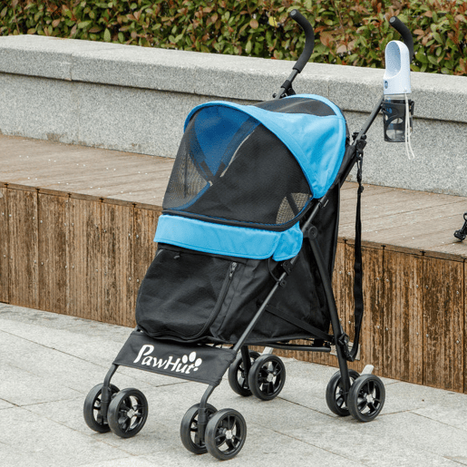 PawHut Carrinho para Cães Pequenos com Estrutura Compacta Carrinho Dobrável com Colchão Lavável Suporte para Copos Janelas de Rede e Bolsa de Arrumação 76x44x103 cm Azul