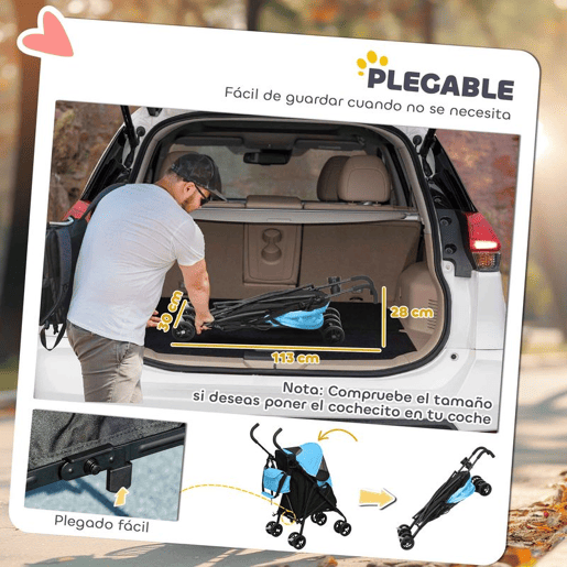 PawHut Carrinho para Cães Pequenos com Estrutura Compacta Carrinho Dobrável com Colchão Lavável Suporte para Copos Janelas de Rede e Bolsa de Arrumação 76x44x103 cm Azul