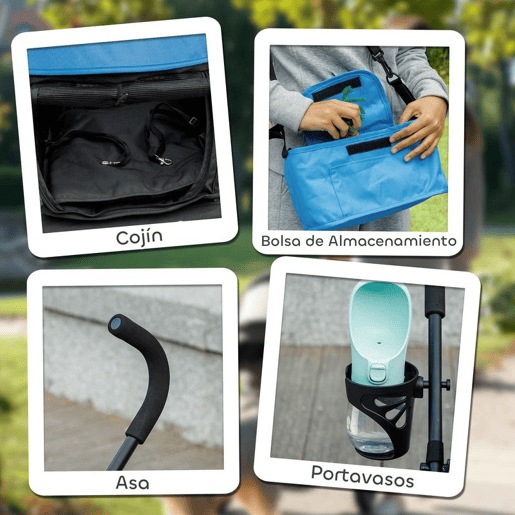 PawHut Carrinho para Cães Pequenos com Estrutura Compacta Carrinho Dobrável com Colchão Lavável Suporte para Copos Janelas de Rede e Bolsa de Arrumação 76x44x103 cm Azul