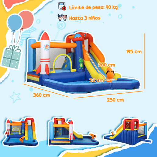 AIYAPLAY Castelo Insuflável com Insuflador 5 em 1 Parque Aquático Insuflável para Crianças com Escorrega Piscina Parede de Escalada e Canhão de Água para Exteriores e Interiores 360x250x195 cm Multicor