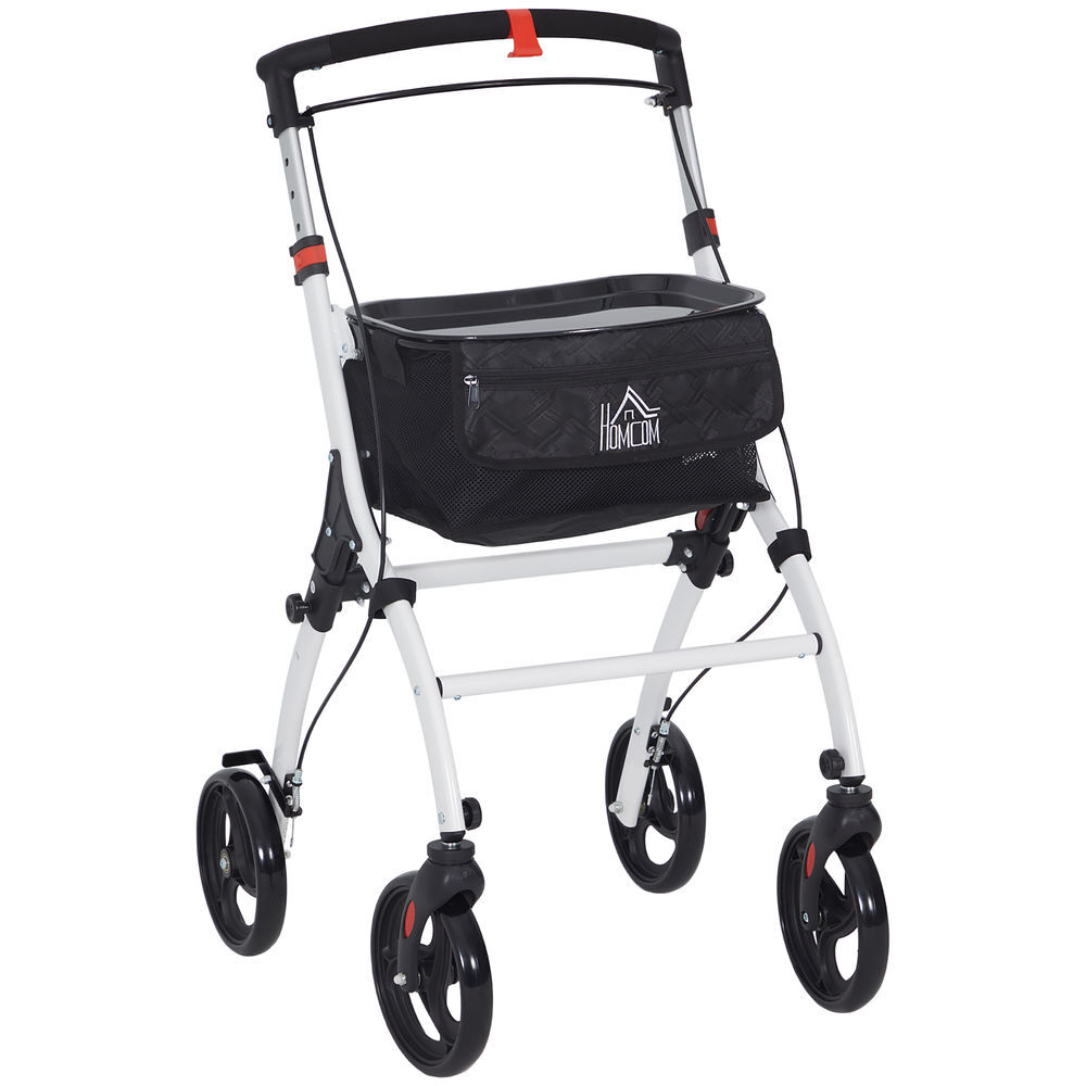 Homcom andador para ancianos plegable de aluminio andador para personas mayores con 4 ruedas y bandeja andador con altura ajustable frenos de maneta y bolsa de transporte blanco