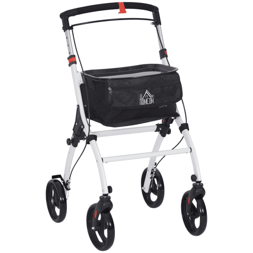 HOMCOM Andarilho para Idosos Dobrável de Alumínio Andador para Pessoas Maiores com 4 Rodas e Bandeja Andarilho com Altura Ajustável Travão e Bolsa de Transporte 64,5x54x90-102 cm Preto e Branco