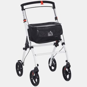 HOMCOM Andarilho para Idosos Dobrável de Alumínio Andador para Pessoas Maiores com 4 Rodas e Bandeja Andarilho com Altura Ajustável Travão e Bolsa de Transporte 64,5x54x90-102 cm Preto e Branco