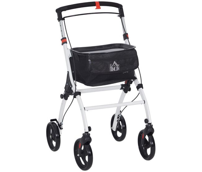 Homcom andador para ancianos plegable de aluminio andador para personas mayores con 4 ruedas y bandeja andador con altura ajustable frenos de maneta y bolsa de transporte blanco