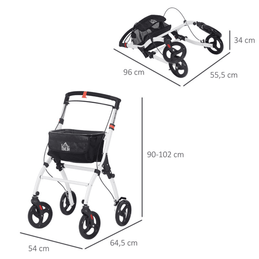 HOMCOM Andarilho para Idosos Dobrável de Alumínio Andador para Pessoas Maiores com 4 Rodas e Bandeja Andarilho com Altura Ajustável Travão e Bolsa de Transporte 64,5x54x90-102 cm Preto e Branco