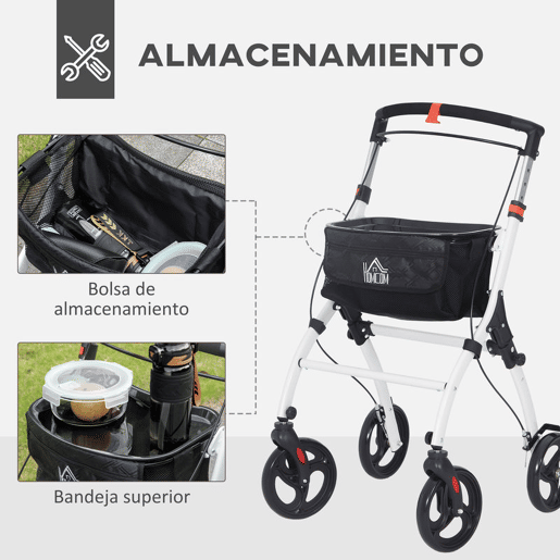 HOMCOM Andarilho para Idosos Dobrável de Alumínio Andador para Pessoas Maiores com 4 Rodas e Bandeja Andarilho com Altura Ajustável Travão e Bolsa de Transporte 64,5x54x90-102 cm Preto e Branco