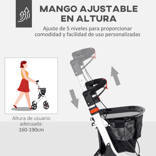 HOMCOM Andarilho para Idosos Dobrável de Alumínio Andador para Pessoas Maiores com 4 Rodas e Bandeja Andarilho com Altura Ajustável Travão e Bolsa de Transporte 64,5x54x90-102 cm Preto e Branco