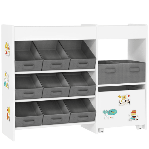 AIYAPLAY Organizador de Brinquedos para Crianças Organizador Infantil com 11 Cestas Amovíveis Compartimentos e Autocolantes para Escola Infantil Sala de Jogos 105x30x80 cm Branco e Cinza