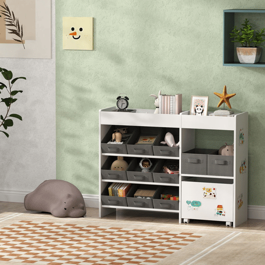 AIYAPLAY Organizador de Brinquedos para Crianças Organizador Infantil com 11 Cestas Amovíveis Compartimentos e Autocolantes para Escola Infantil Sala de Jogos 105x30x80 cm Branco e Cinza