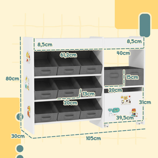 AIYAPLAY Organizador de Brinquedos para Crianças Organizador Infantil com 11 Cestas Amovíveis Compartimentos e Autocolantes para Escola Infantil Sala de Jogos 105x30x80 cm Branco e Cinza