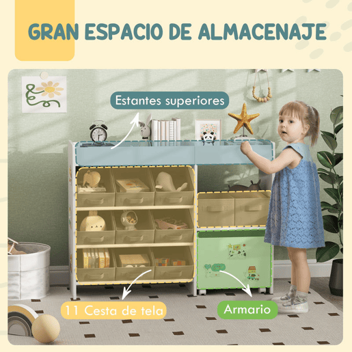 AIYAPLAY Organizador de Brinquedos para Crianças Organizador Infantil com 11 Cestas Amovíveis Compartimentos e Autocolantes para Escola Infantil Sala de Jogos 105x30x80 cm Branco e Cinza
