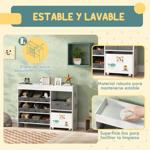 AIYAPLAY Organizador de Brinquedos para Crianças Organizador Infantil com 11 Cestas Amovíveis Compartimentos e Autocolantes para Escola Infantil Sala de Jogos 105x30x80 cm Branco e Cinza
