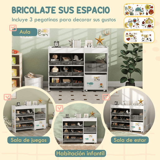 AIYAPLAY Organizador de Brinquedos para Crianças Organizador Infantil com 11 Cestas Amovíveis Compartimentos e Autocolantes para Escola Infantil Sala de Jogos 105x30x80 cm Branco e Cinza