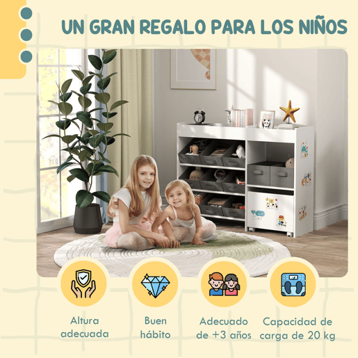 AIYAPLAY Organizador de Brinquedos para Crianças Organizador Infantil com 11 Cestas Amovíveis Compartimentos e Autocolantes para Escola Infantil Sala de Jogos 105x30x80 cm Branco e Cinza