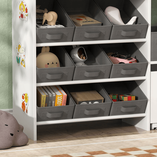 AIYAPLAY Organizador de Brinquedos para Crianças Organizador Infantil com 11 Cestas Amovíveis Compartimentos e Autocolantes para Escola Infantil Sala de Jogos 105x30x80 cm Branco e Cinza