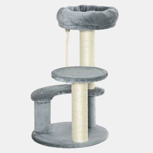 PawHut Árvore Arranhador para Gatos Ø40x65 cm com 3 Níveis Cama Plataformas em Pelúcia Corda Suspensa e Poste com Corda de Sisal Cinza