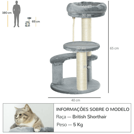PawHut Árvore Arranhador para Gatos Ø40x65 cm com 3 Níveis Cama Plataformas em Pelúcia Corda Suspensa e Poste com Corda de Sisal Cinza PawHut Árvore Arranhador para Gatos Ø40x65 cm com 3 Níveis Cama Plataformas em Pelúcia Corda Suspensa e Poste com Corda de Sisal Cinza