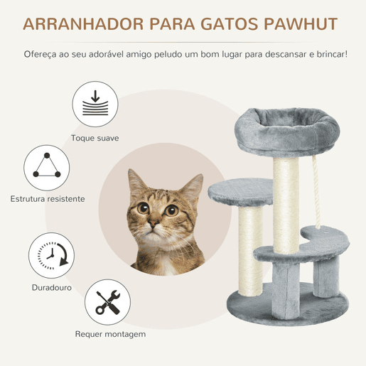 PawHut Árvore Arranhador para Gatos Ø40x65 cm com 3 Níveis Cama Plataformas em Pelúcia Corda Suspensa e Poste com Corda de Sisal Cinza PawHut Árvore Arranhador para Gatos Ø40x65 cm com 3 Níveis Cama Plataformas em Pelúcia Corda Suspensa e Poste com Corda de Sisal Cinza