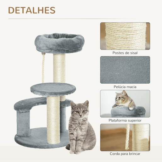 PawHut Árvore Arranhador para Gatos Ø40x65 cm com 3 Níveis Cama Plataformas em Pelúcia Corda Suspensa e Poste com Corda de Sisal Cinza PawHut Árvore Arranhador para Gatos Ø40x65 cm com 3 Níveis Cama Plataformas em Pelúcia Corda Suspensa e Poste com Corda de Sisal Cinza