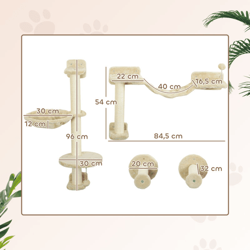 PawHut Prateleiras de Escalada para Gatos de Parede Conjunto de Prateleiras para Gatos 4 Peças com Rede Bola Plataformas de Saltar Poste de Sisal e Escada 84,5x19x54 cm Bege