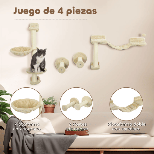 PawHut Prateleiras de Escalada para Gatos de Parede Conjunto de Prateleiras para Gatos 4 Peças com Rede Bola Plataformas de Saltar Poste de Sisal e Escada 84,5x19x54 cm Bege