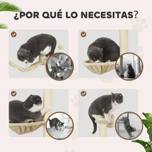 PawHut Prateleiras de Escalada para Gatos de Parede Conjunto de Prateleiras para Gatos 4 Peças com Rede Bola Plataformas de Saltar Poste de Sisal e Escada 84,5x19x54 cm Bege