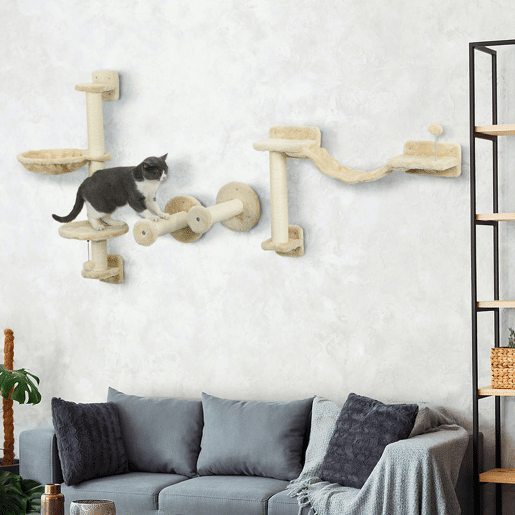 PawHut Prateleiras de Escalada para Gatos de Parede Conjunto de Prateleiras para Gatos 4 Peças com Rede Bola Plataformas de Saltar Poste de Sisal e Escada 84,5x19x54 cm Bege