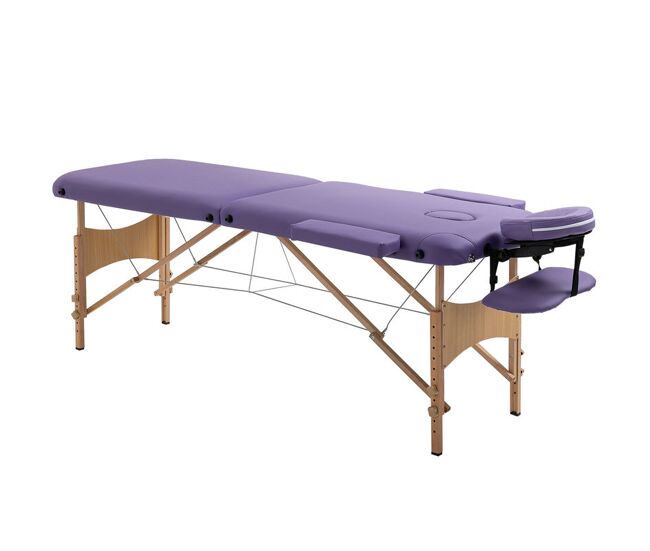 Homcom camilla de masaje plegable 210x81 cm camilla estética profesional con reposacabezas extraíble 2 zonas asa y marco de madera con altura regulable y bolsa de transporte púrpura