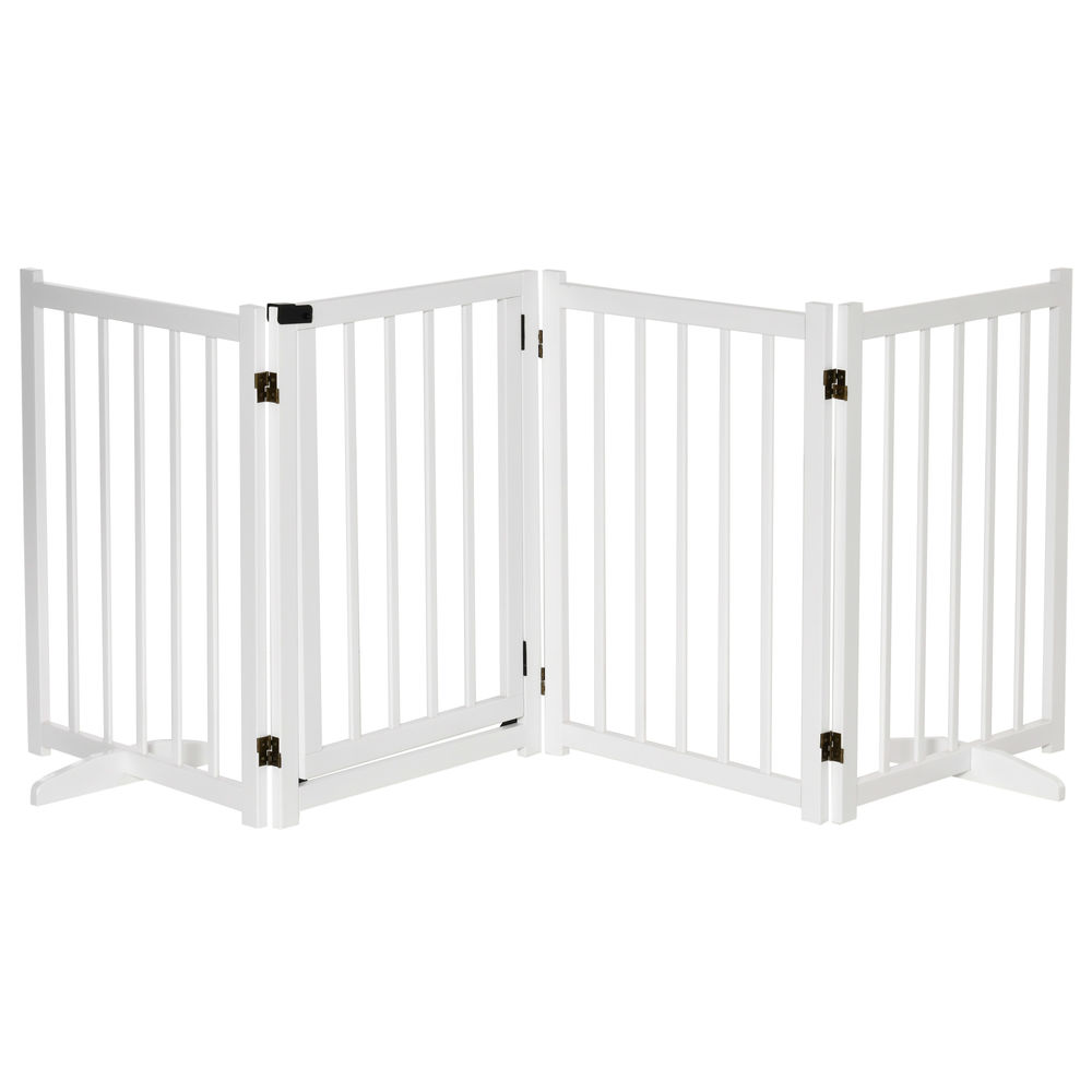Pawhut barrera para perros plegable valla para perros pequeños y medianos de 4 paneles con puerta barrera de seguridad de madera para escaleras pasillos 237,5x36x80 cm blanco