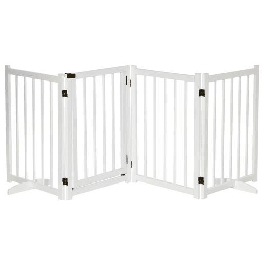 PawHut Barreira para Cães Dobrável Barreira para Cães Pequenos e Médios de 4 Painéis com Porta Barreira de Segurança em Madeira para Escadas e Corredores 237,5x36x80 cm Branco