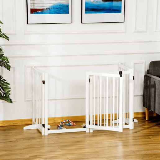PawHut Barreira para Cães Dobrável Barreira para Cães Pequenos e Médios de 4 Painéis com Porta Barreira de Segurança em Madeira para Escadas e Corredores 237,5x36x80 cm Branco
