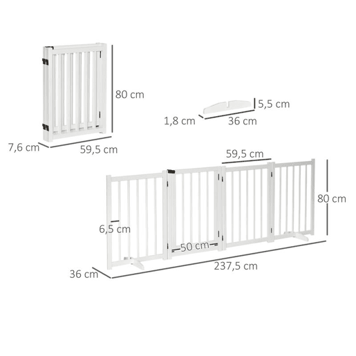 PawHut Barreira para Cães Dobrável Barreira para Cães Pequenos e Médios de 4 Painéis com Porta Barreira de Segurança em Madeira para Escadas e Corredores 237,5x36x80 cm Branco
