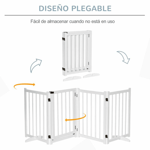 PawHut Barreira para Cães Dobrável Barreira para Cães Pequenos e Médios de 4 Painéis com Porta Barreira de Segurança em Madeira para Escadas e Corredores 237,5x36x80 cm Branco