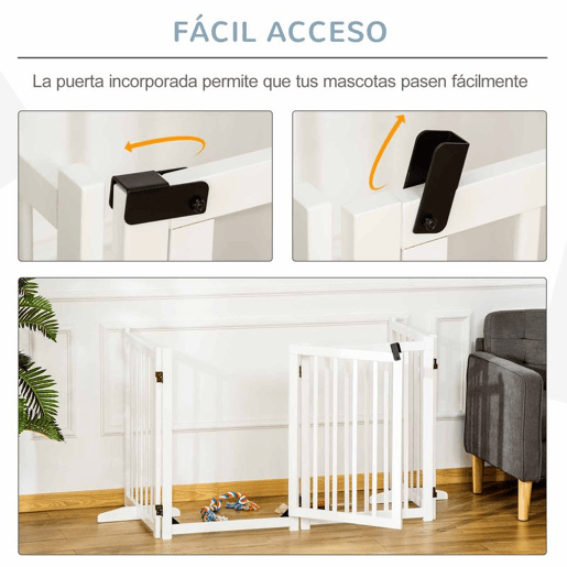 PawHut Barreira para Cães Dobrável Barreira para Cães Pequenos e Médios de 4 Painéis com Porta Barreira de Segurança em Madeira para Escadas e Corredores 237,5x36x80 cm Branco