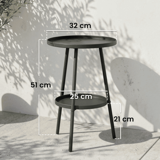 Outsunny Mesa de Jardim Redonda de 2 Níveis Mesa de Exterior Ø32x51 cm com Bandeja Inferior e Estrutura de Metal Mesa para Exterior e Interior Preto