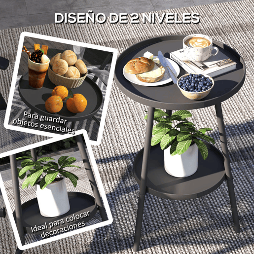 Outsunny Mesa de Jardim Redonda de 2 Níveis Mesa de Exterior Ø32x51 cm com Bandeja Inferior e Estrutura de Metal Mesa para Exterior e Interior Preto