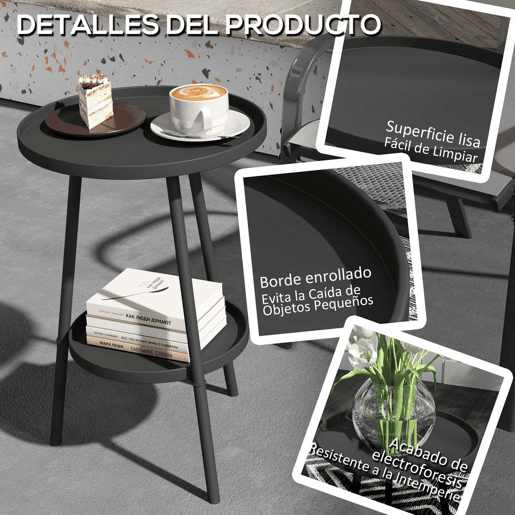 Outsunny Mesa de Jardim Redonda de 2 Níveis Mesa de Exterior Ø32x51 cm com Bandeja Inferior e Estrutura de Metal Mesa para Exterior e Interior Preto