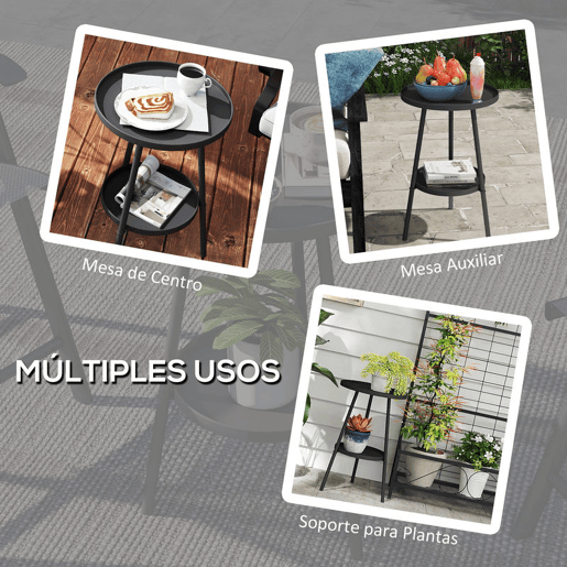 Outsunny Mesa de Jardim Redonda de 2 Níveis Mesa de Exterior Ø32x51 cm com Bandeja Inferior e Estrutura de Metal Mesa para Exterior e Interior Preto