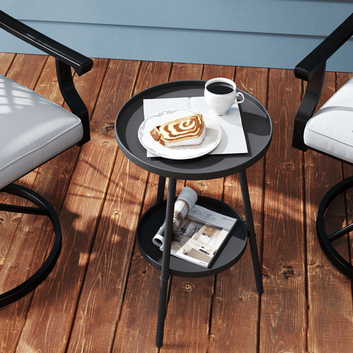 Outsunny Mesa de Jardim Redonda de 2 Níveis Mesa de Exterior Ø32x51 cm com Bandeja Inferior e Estrutura de Metal Mesa para Exterior e Interior Preto