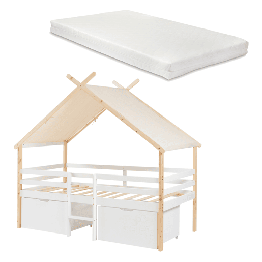 Cama de criança Surnadal com colchão 90x200 cm madeira de pinho branconatural en.casa