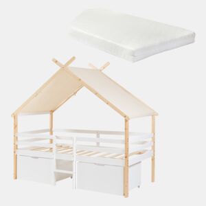 Cama de criança Surnadal com colchão 90x200 cm madeira de pinho branconatural en.casa