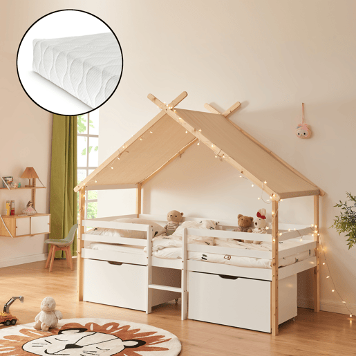 Cama de criança Surnadal com colchão 90x200 cm madeira de pinho branconatural en.casa